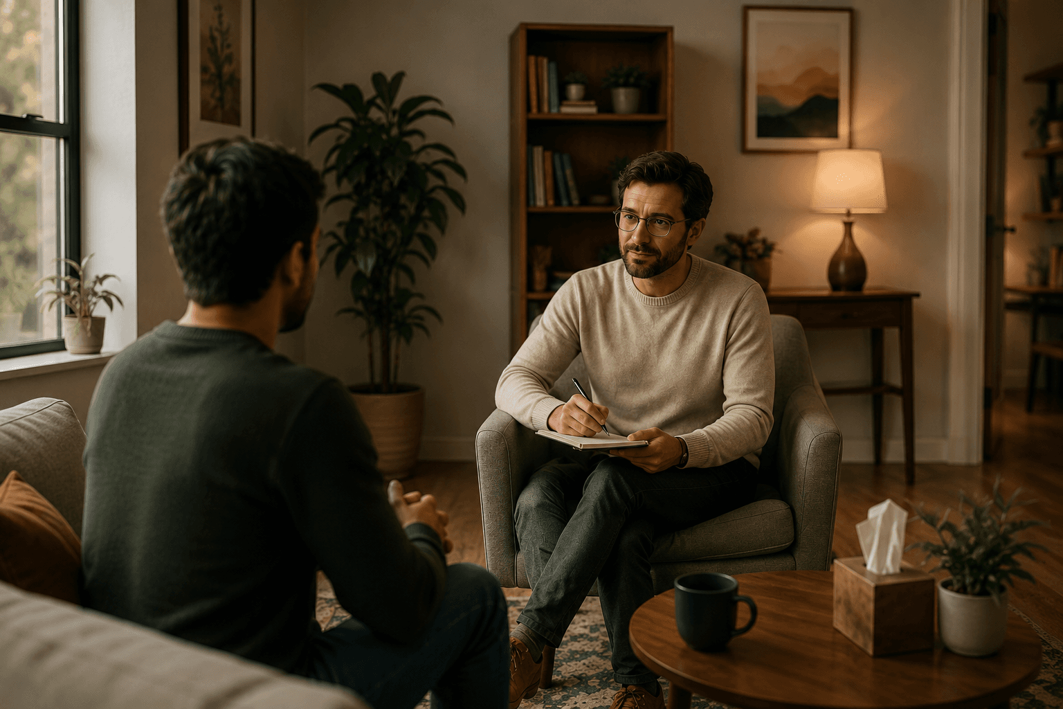 Fahd takes notes during a coaching conversation in a warm, plant-filled office