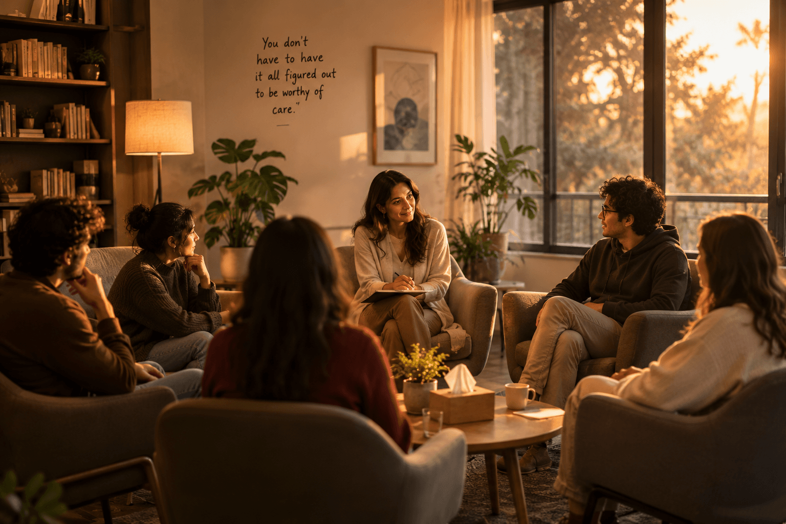 A group coaching circle gathered in a cozy room at sunset