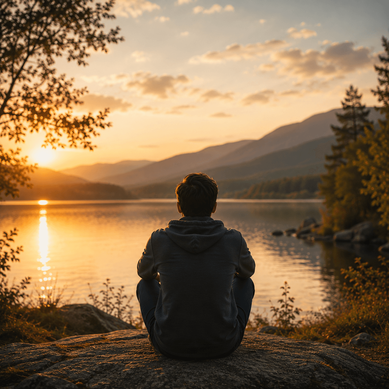 A man sits on a rock at the edge of a lake at sunset, seen from behind